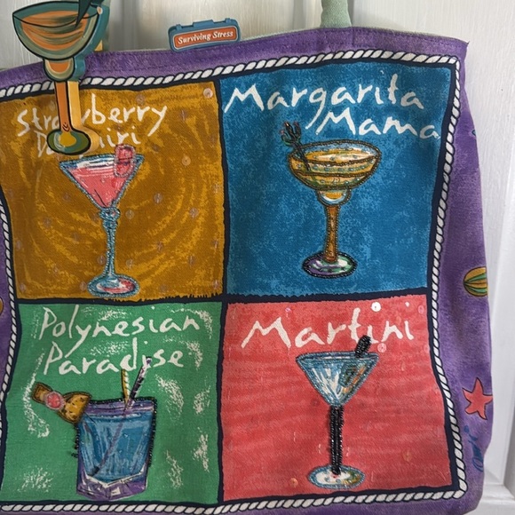 Surviving Stress Anne Ormsby Beach Tote or Purse Colorful Cocktail-Themed - Picture 2 of 14